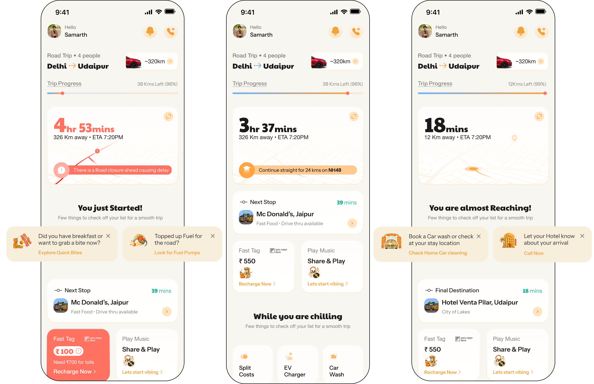 Phase, Start, Middle, Arrival with contextual cards