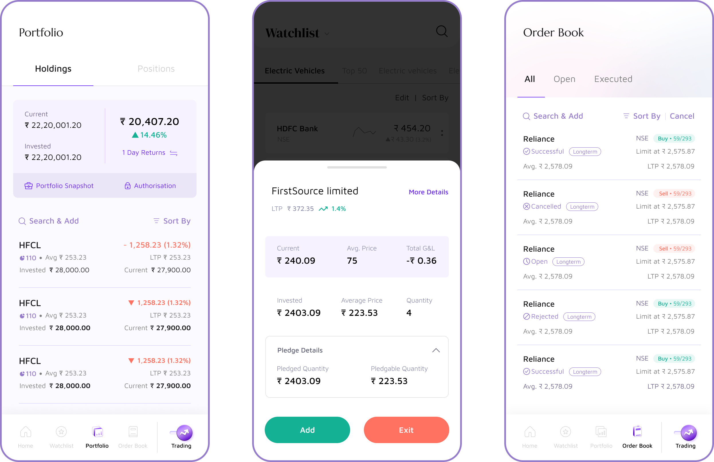 Holdings pop-up with inline buy/sell and Order Book UI