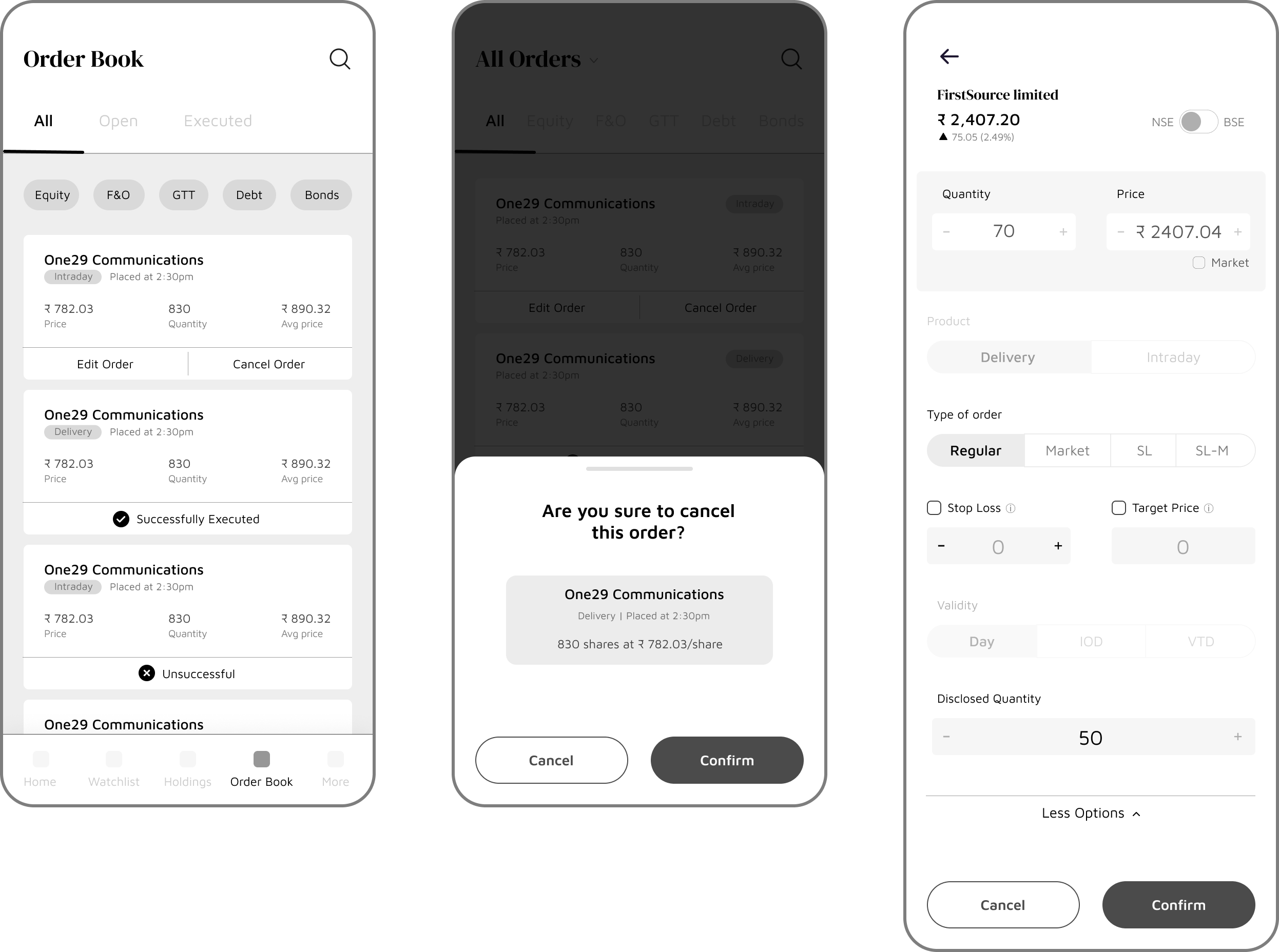 Order Book & Order Form Wireframes